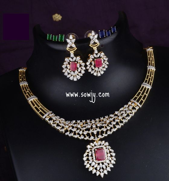 Changeable Stone Diamond Replica Gold Finish necklace with Earrings- Color Stones in 3 Colors-Red,Green and Blue !!!!