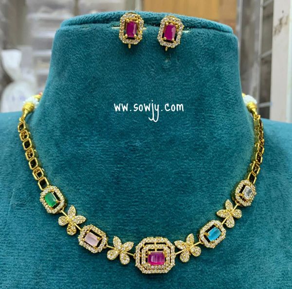 Beautiful Floral Pattern Gold Finish Elegant Necklace with Small Earrings- Multi-Color !!!