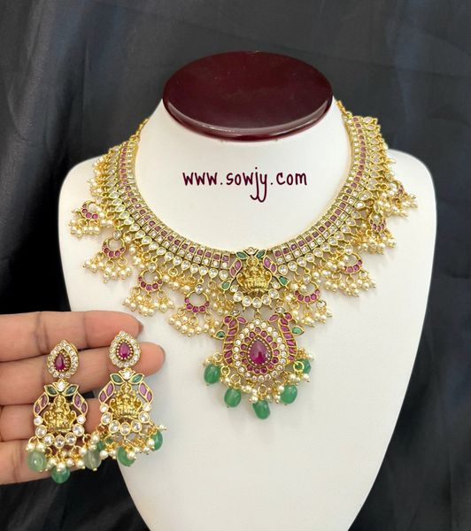 Lovely Lakshmi Kemp and Uncut AD Stone Premium Quality Grand Necklace with Earrings- Emerald Hanging Beads !!!
