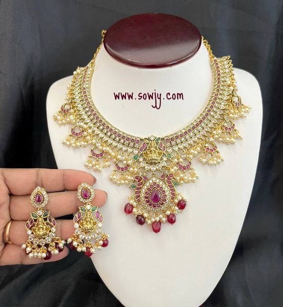 Lovely Lakshmi Kemp and Uncut AD Stone Premium Quality Grand Necklace with Earrings- RED Hanging Beads !!!