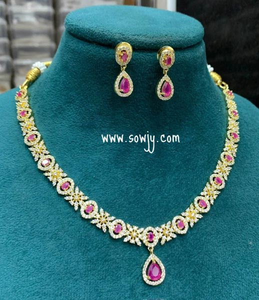 Lovely Floral AD Stone Necklace with Cute Earrings in Gold Finish- Ruby and White!!!