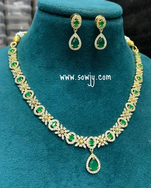 Lovely Floral AD Stone Necklace with Cute Earrings in Gold Finish- Emerald and White!!!