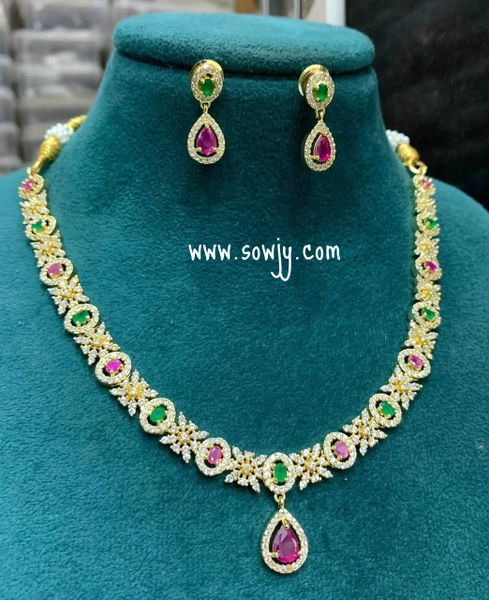 Lovely Floral AD Stone Necklace with Cute Earrings in Gold Finish- Ruby,Emerald and White!!!