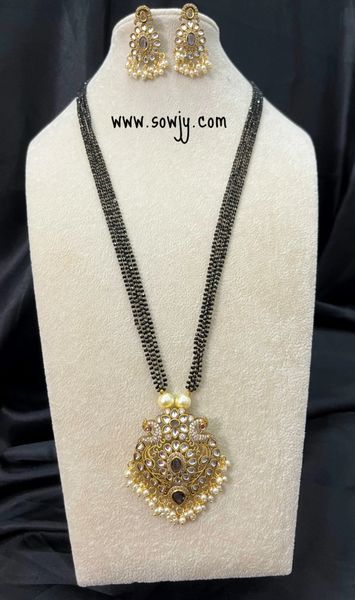 Lovely Big Peacock Pendant with AD Stones and Matching Earrings in Very Long Black Beads Chain(24 Inches)- Amethyst/Purple Color Stone!!!!