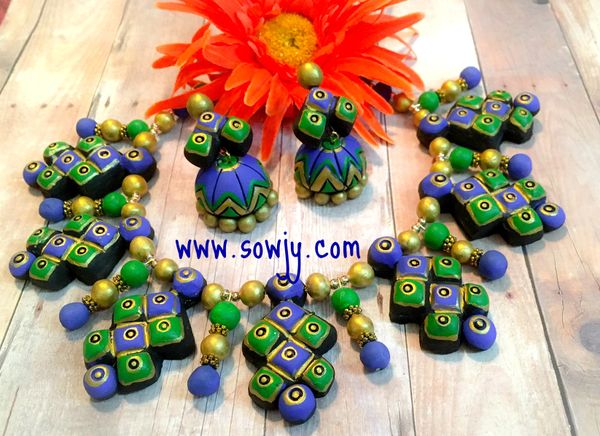 Grand Designer Big Choker Set with Large Sized Jhumkas in Blue and Green Combo!!!!