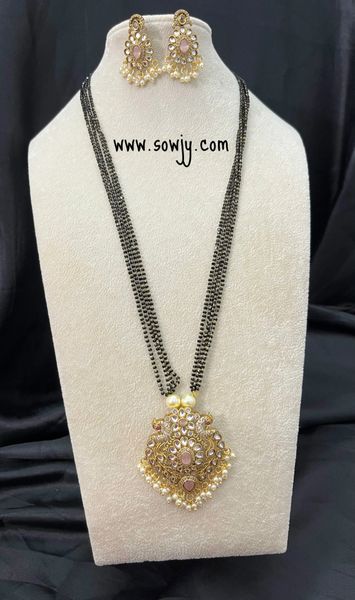Lovely Big Peacock Pendant with AD Stones and Matching Earrings in Very Long Black Beads Chain(24 Inches)- Pastel Pink Color Stone!!!!