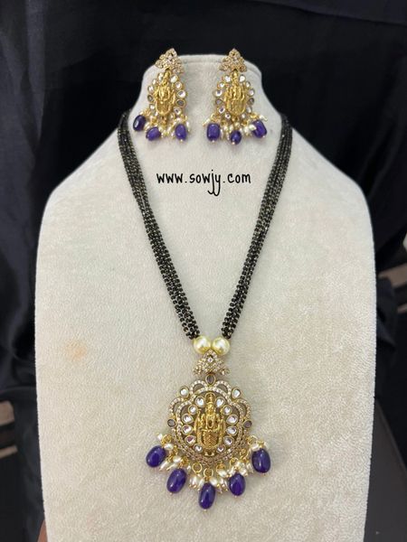 Lovely Balaji Pendant with AD Stones in Black Beads Chain and Matching Earrings-Purple Beads !!!
