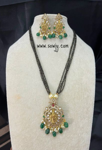 Lovely Balaji Pendant with AD Stones in Black Beads Chain and Matching Earrings-Green Beads !!!