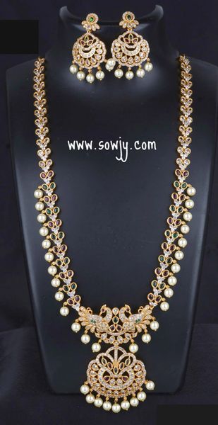 Lovely AD Stone Peacock Pendant Long Necklace with Earrings- Just Like Gold Replica !!!