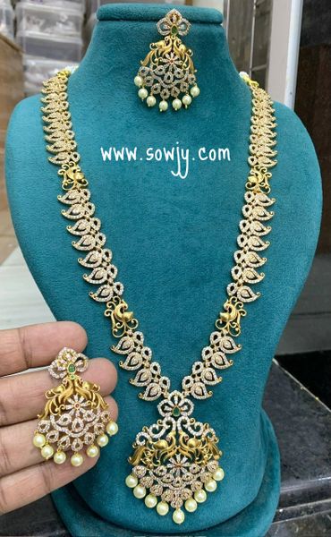 Lovely AD Stone Peacock Pendant Paisley Design Long Haaram with Matching Earrings in Gold Finish !!!