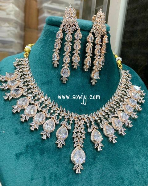 Very Grand Big Size Rose Gold Finish Diamond Look Alike Necklace Set with Long Designer Earrings- Full White !!!