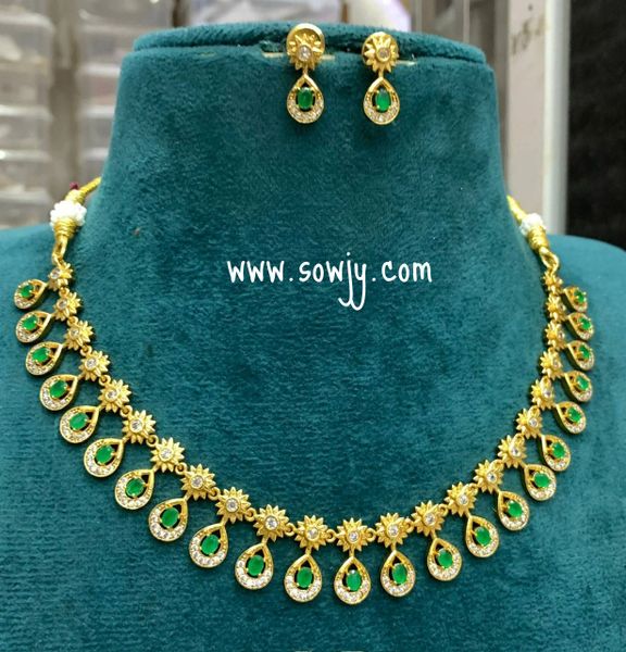 Lovely Elegant Gold Replica Designer Necklace with Small Earrings- Green and White !!!