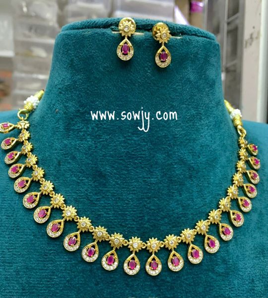 Lovely Elegant Gold Replica Designer Necklace with Small Earrings- Ruby and White !!!