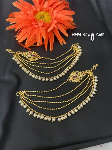 Floral Pattern Ad Stone Multi Layer Pearl Ear Chain in Gold Finish !!!