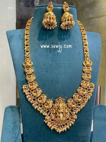 Very Grand Nakshi Designer Lakshmi Peacock Long Gold replica Haaram with Big Size Nakshi Jhumkas!!!