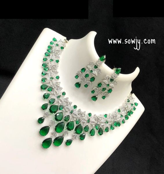 Very Grand Diamond Look Alike in Silver Finish Necklace Set with Big Long Light Weighted Earrings-EMERALD GREEN!!!
