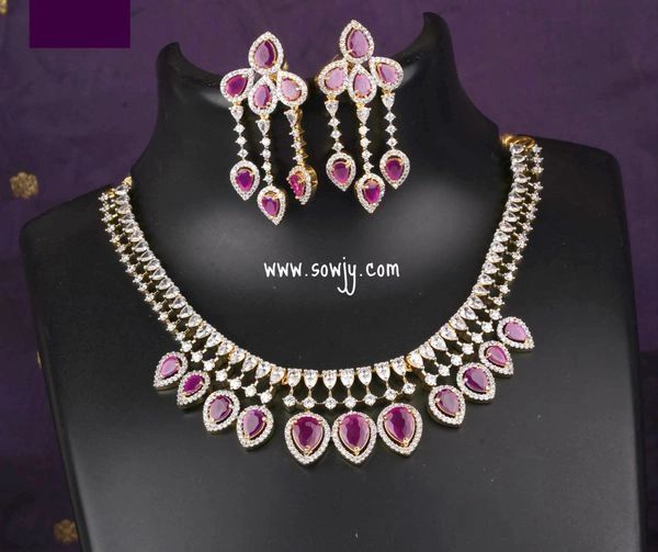 Lovely Tear Drop Diamond Look ALike Gold Finish Necklace with Earrings- Ruby !!!!