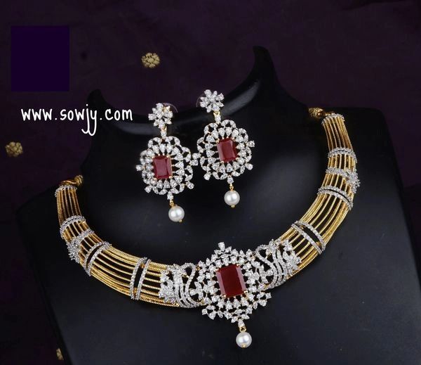Trendy Gold Replica New Designer Necklace with Diamond Center Pendant and matching Earrings- RED !!