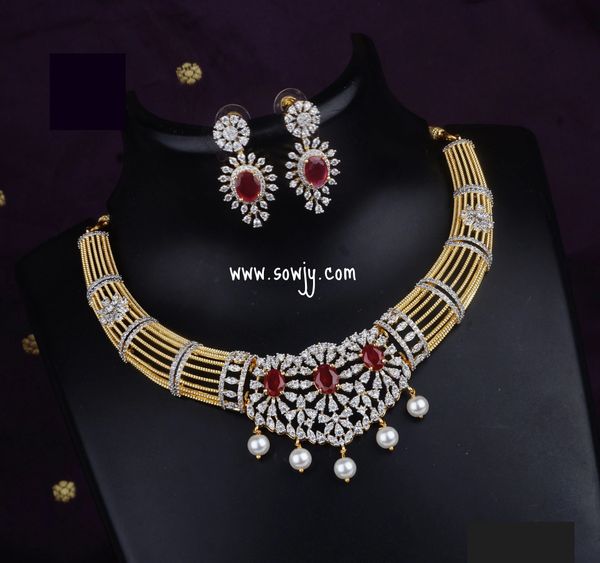 Trendy Gold Replica New Designer Necklace with Diamond Center Pendant and matching Earrings- RUBY RED !!