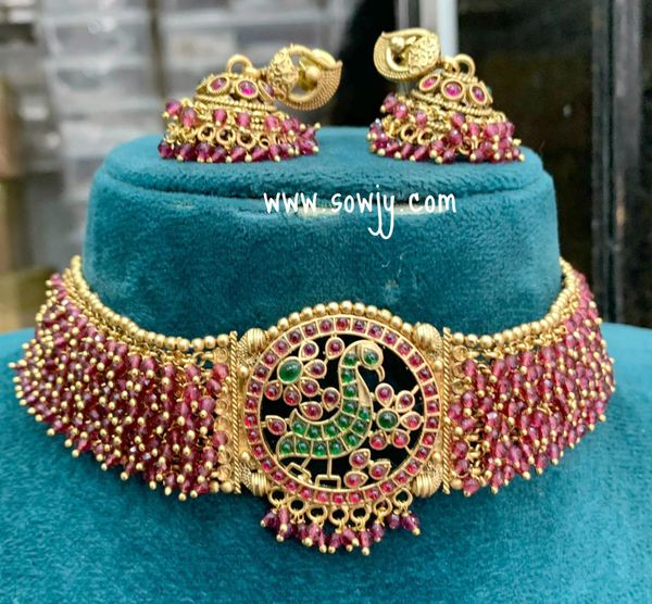 Ruby Red Gold Ghungroo Grand Peacock Pendant Choker with Jhumkas !!!!