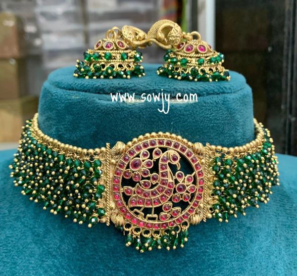 Emerald Green Gold Ghungroo Grand Peacock Pendant Choker with Jhumkas !!!!
