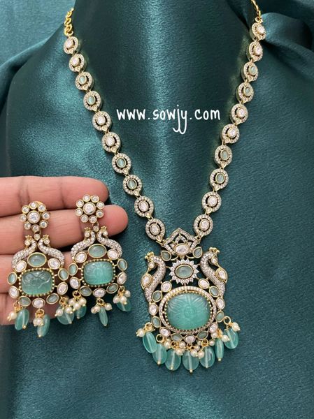 Lovely Peacock Victorian Finish New Designer Pendant Necklace with Lovely Earrings-Mid Length-Mint Green!!!