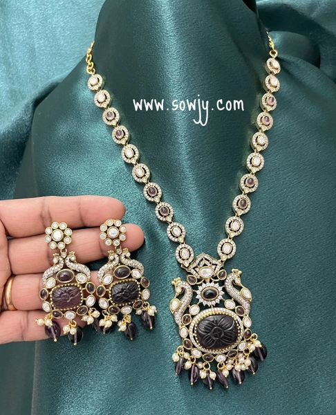 Lovely Peacock Victorian Finish New Designer Pendant Necklace with Lovely Earrings-Mid Length-Purple/Amethyst!!!