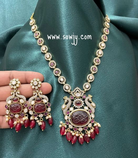 Lovely Peacock Victorian Finish New Designer Pendant Necklace with Lovely Earrings-Mid Length-RED!!!