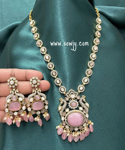 Lovely Peacock Victorian Finish New Designer Pendant Necklace with Lovely Earrings-Mid Length-PASTEL PINK!!!