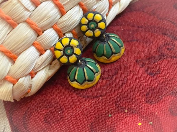Small Size Terracotta Jhumkas in Shades of Green and Yellow!!!!!!