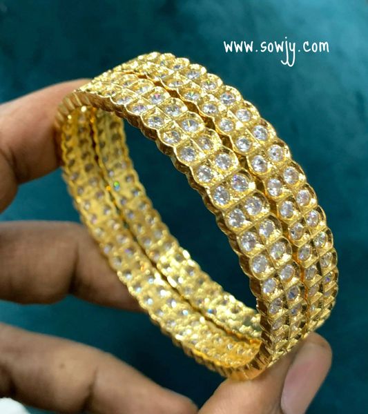 Gold Finish AD Stone Bangles-Full White- Size 2.4