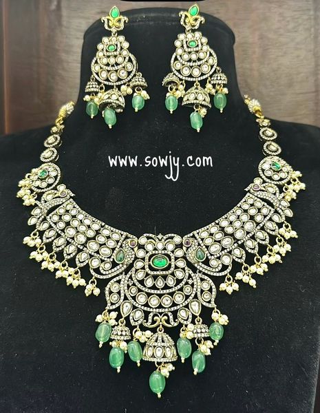 Very Grand New Designer Victorian Finish Moissanite Stones Necklace With Earrings- Emerald Green !!!!!