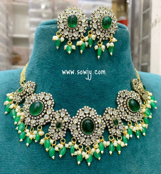 Beautiful Floral Designer Victorian Finish Choker Set with Matching Earrings- Emerald Green Monalisa Hanging Beads!!!