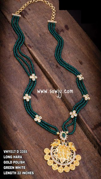 Raam Parivaar Gold Finish Pendant in Three Layer Long Crystal Beads Maala with Floral Side Pendants on The Maala- NO EARRINGS- Emerald Green !!!!