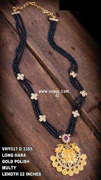 Raam Parivaar Gold Finish Pendant in Three Layer Long Crystal Beads Maala with Floral Side Pendants on The Maala- NO EARRINGS- BLACK !!!!