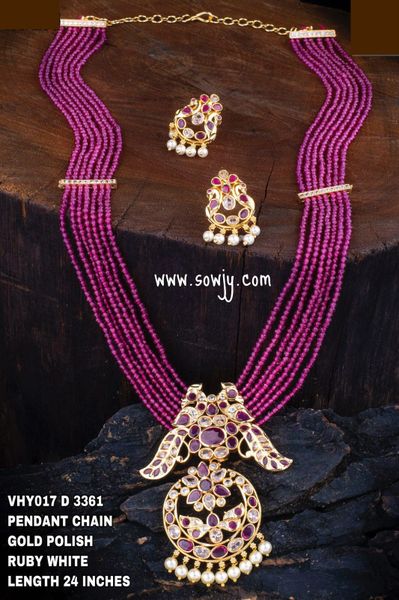 Big Size Peacock Gold Finish Pendant in Multi-Layered Crystal Beads Long Maala with Matching Earrings-RUBY!!!