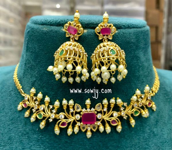 Lovely AD Stone Floral Pattern Choker Set with Jhumkas!!!