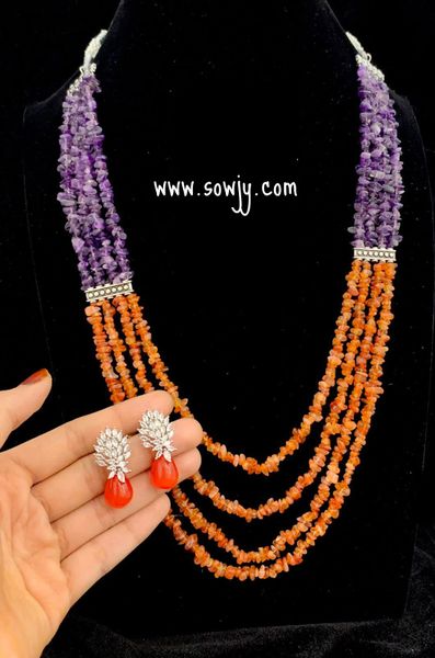 Lovely Agate Chip Beads 4 Layer Long Maala with Beautiful Silver Finish AD Stone Earrings-Purple and Orange Combo!!!
