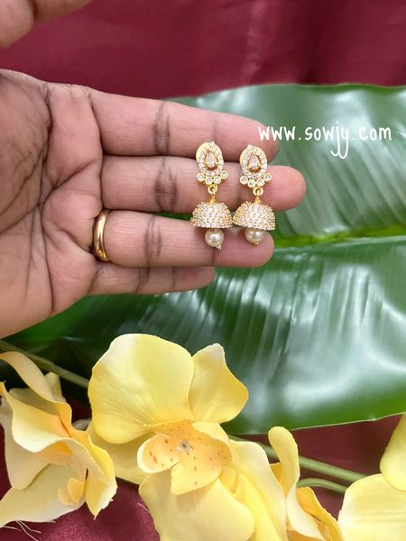 Paisley Design Gold Finish AD Stone Small/Medium Size Jhumkas- Full White !!!