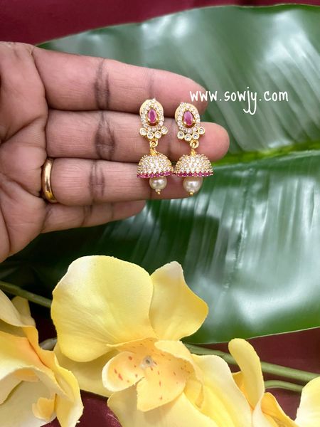 Paisley Design Gold Finish AD Stone Small/Medium Size Jhumkas- Ruby and White !!!