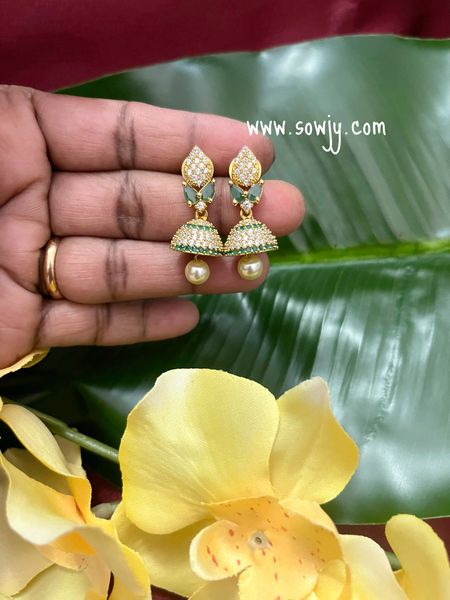 Tear Drop Designer AD Stone Gold Finish Jhumkas-Green and White!!!!