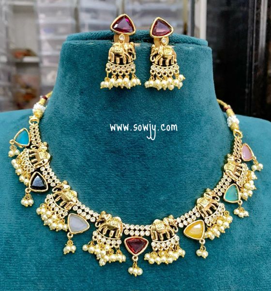 Lovely Gold Finish Elephant Designer Short Necklace with Pearl Hangings and Matching Earrings-Multi-Color!!!!!!!!