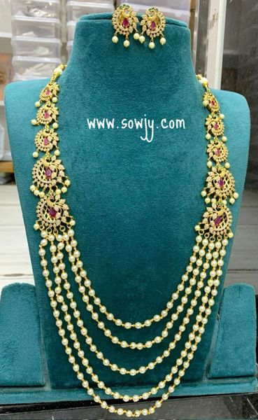 Beautiful Peacock AD Stone Side Brouchure Pendants 5 Layer Long Pearl Haaram with Earrings!!!!