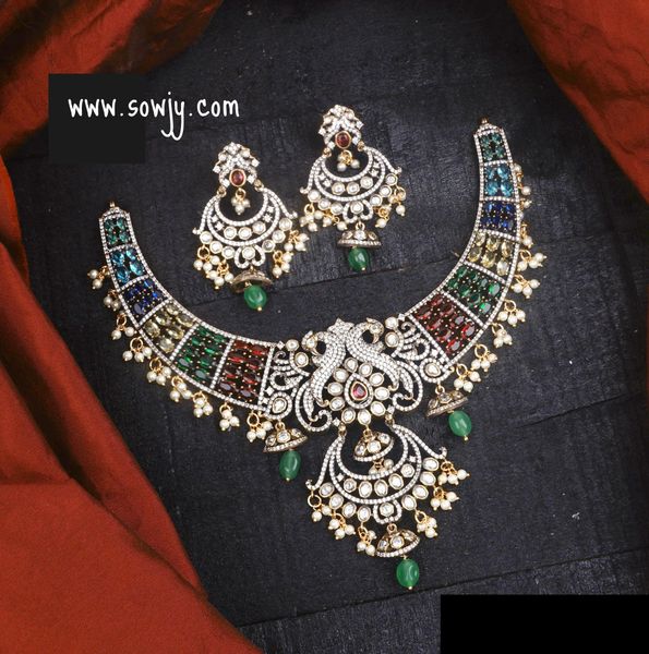 Grand Victorian Finish Big Size Peacock Necklace with Moissanite Stones and Big Chaandbali Earrings- MULTI-COLOR!