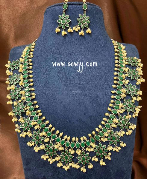 Floral Guttapusalu Style Oxidised Long Haaram with Earrings- Full GREEN !!!!