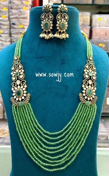 Grand Victorian Finish Side Brooch Long Pendant Layered Agate Beads Layered Necklace with Earrings- Light Green!!!!