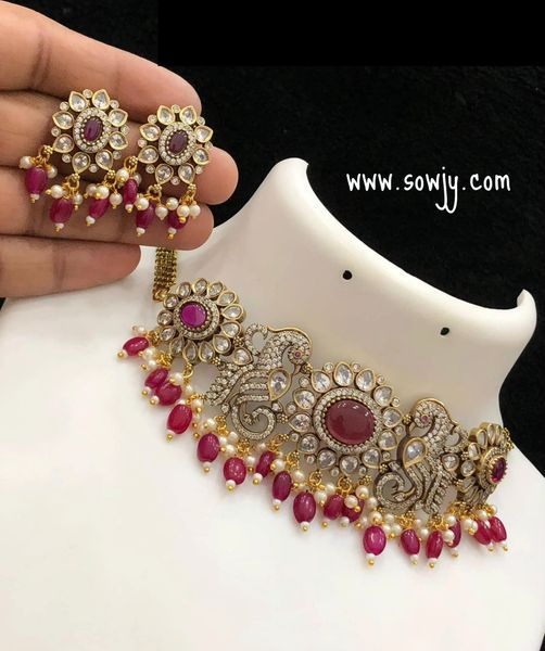 Beautiful Intricate Designer Work Victorian Finish Peacock Sunflower Choker Set with Earrings- RUBY !!!