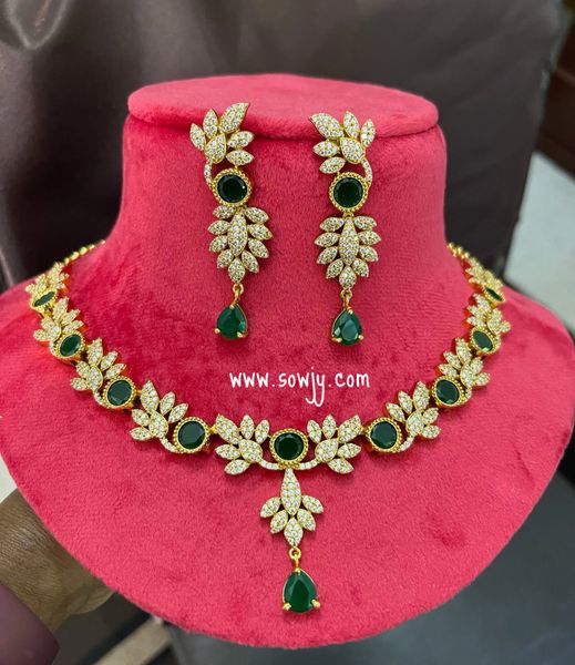 Floral Design CZ Stones Gold Finish Necklace with Matching Earrings- Green and White!!!