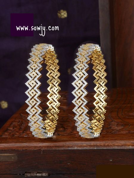 Diamond Look Alike Zig Zag Pattern Gold Finish Full AD Stones Bangles- Size 2.4!!!