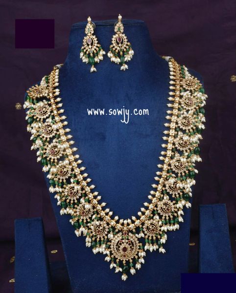 Very Grand Floral Guttapusalu Long Haaram with Earrings- Rice Pearls and Emerald Hanging Beads- NO IDOLS/NO FIGURINES!!!